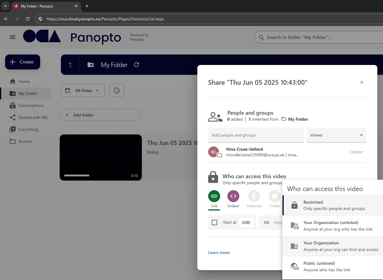 Screenshot of Panopto sharing options