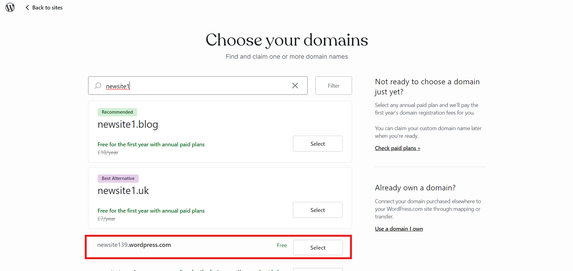 Screenshot of WordPress domain selection page.