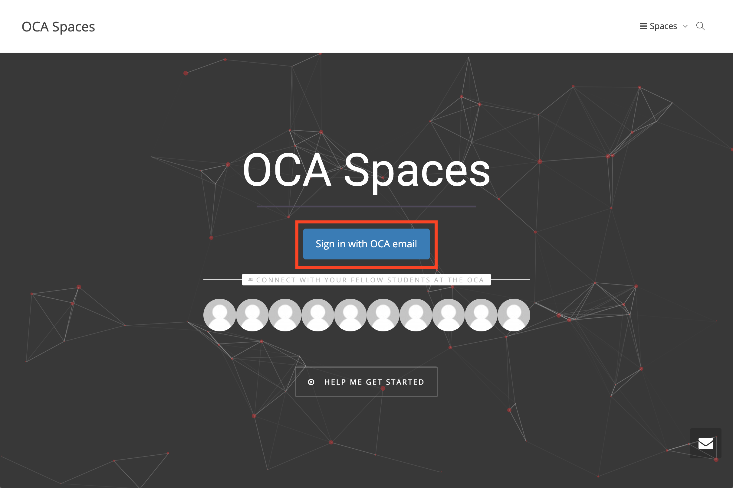 The OCA Spaces homepage, with the 'Sign in with OCA Spaces' option highlighted in red.