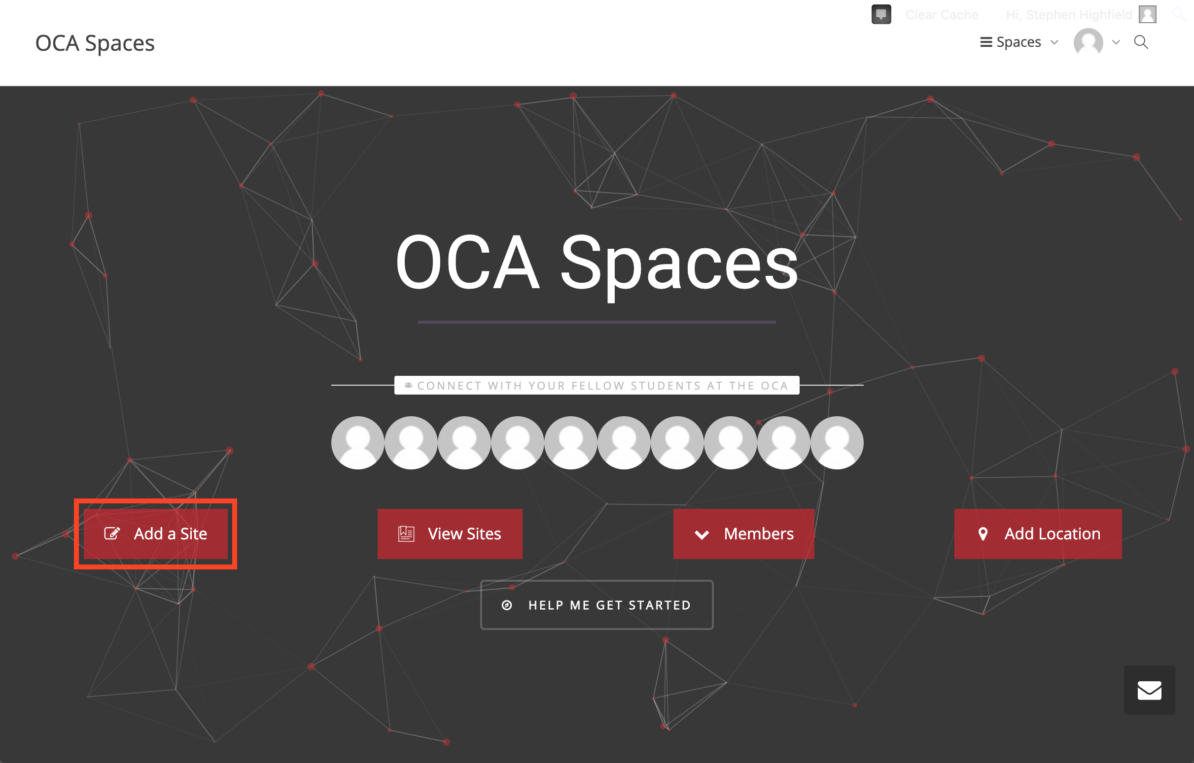 OCA Spaces homepage with the 'Add a Site' option highlighted using a red rectangle.