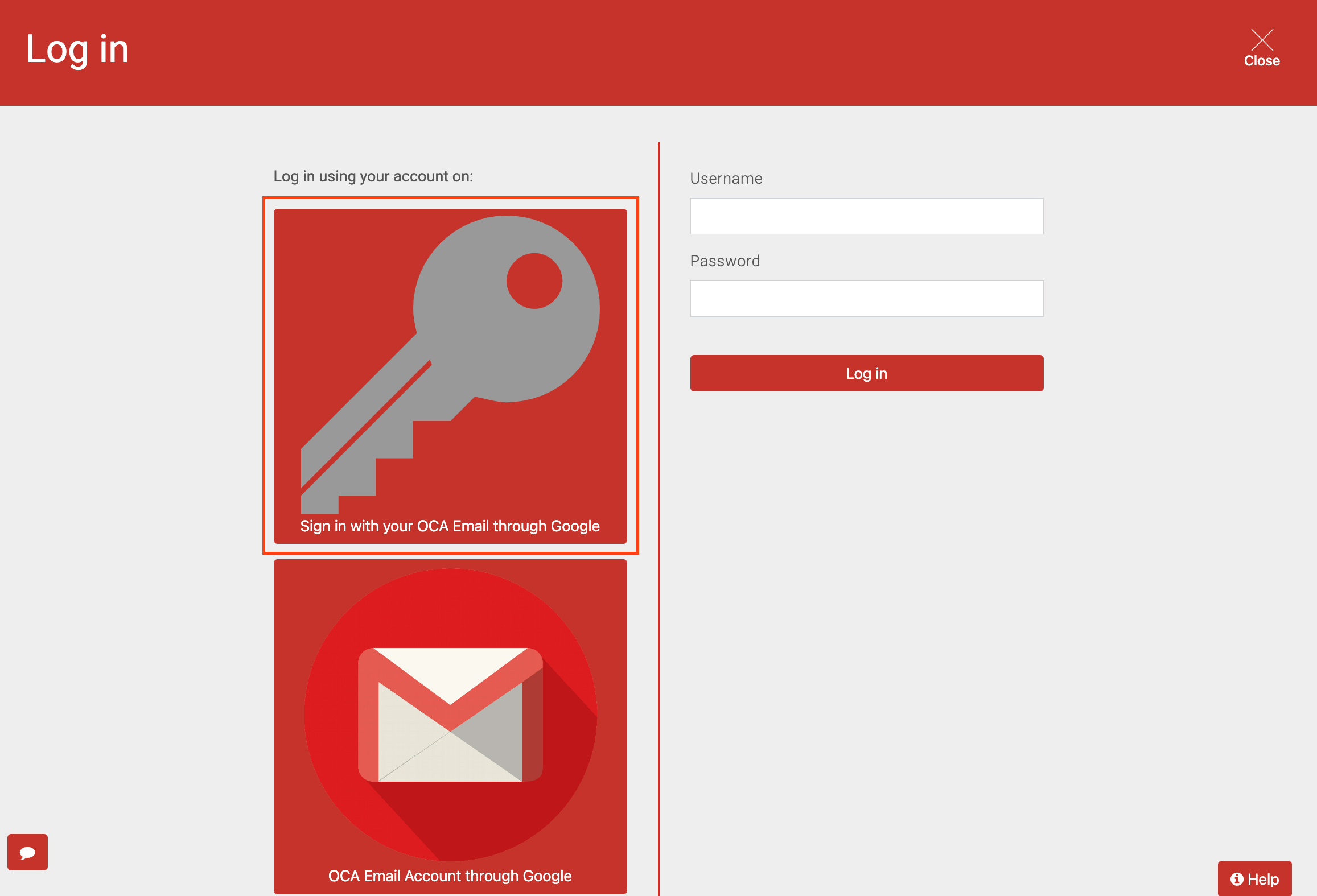 Screenshot featuring OCA Learn and the 'Login with OCA email' option highlighted in red.