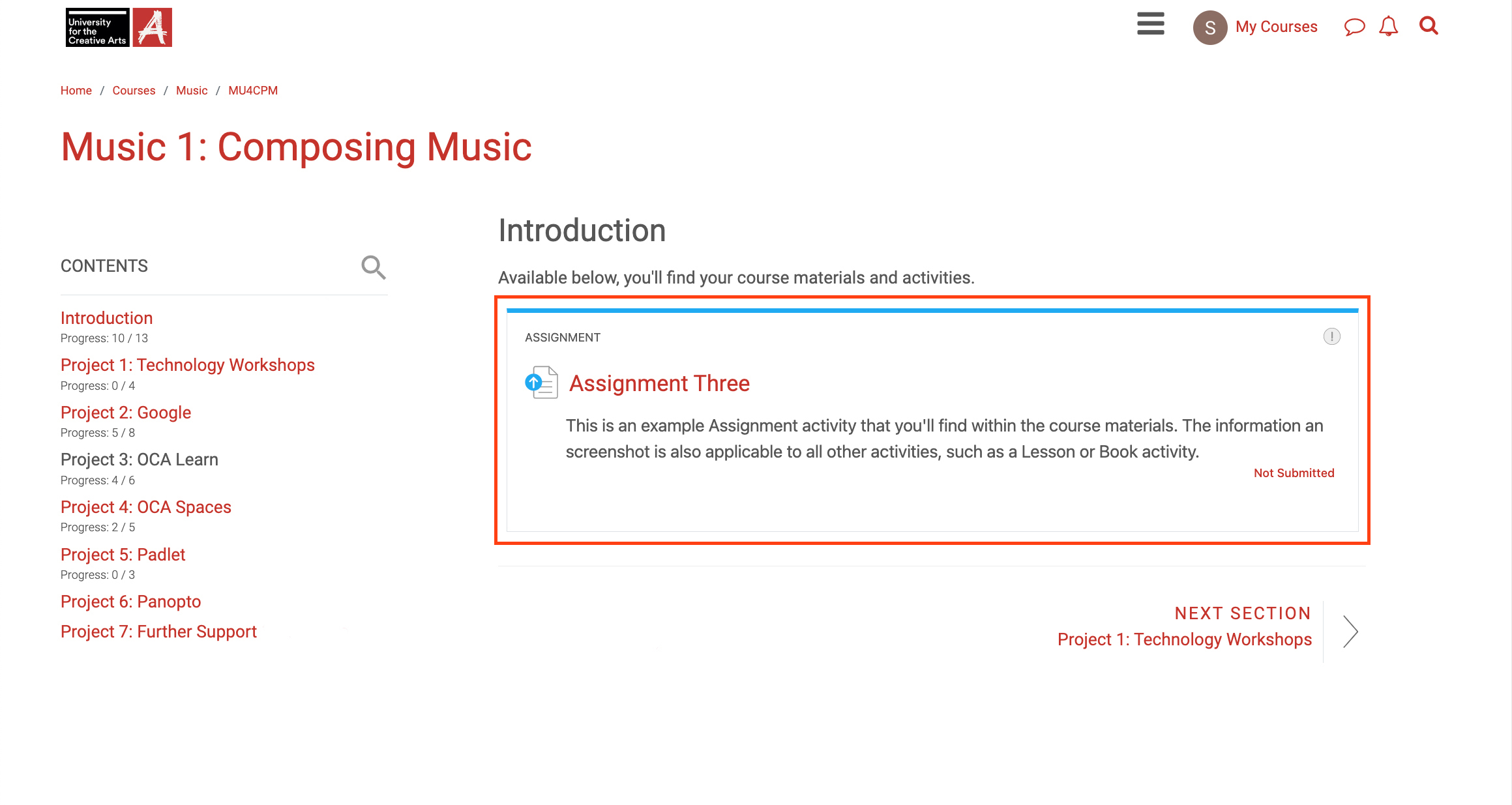 Screenshot highlighting an assignment activity within the OCA Learn interface.