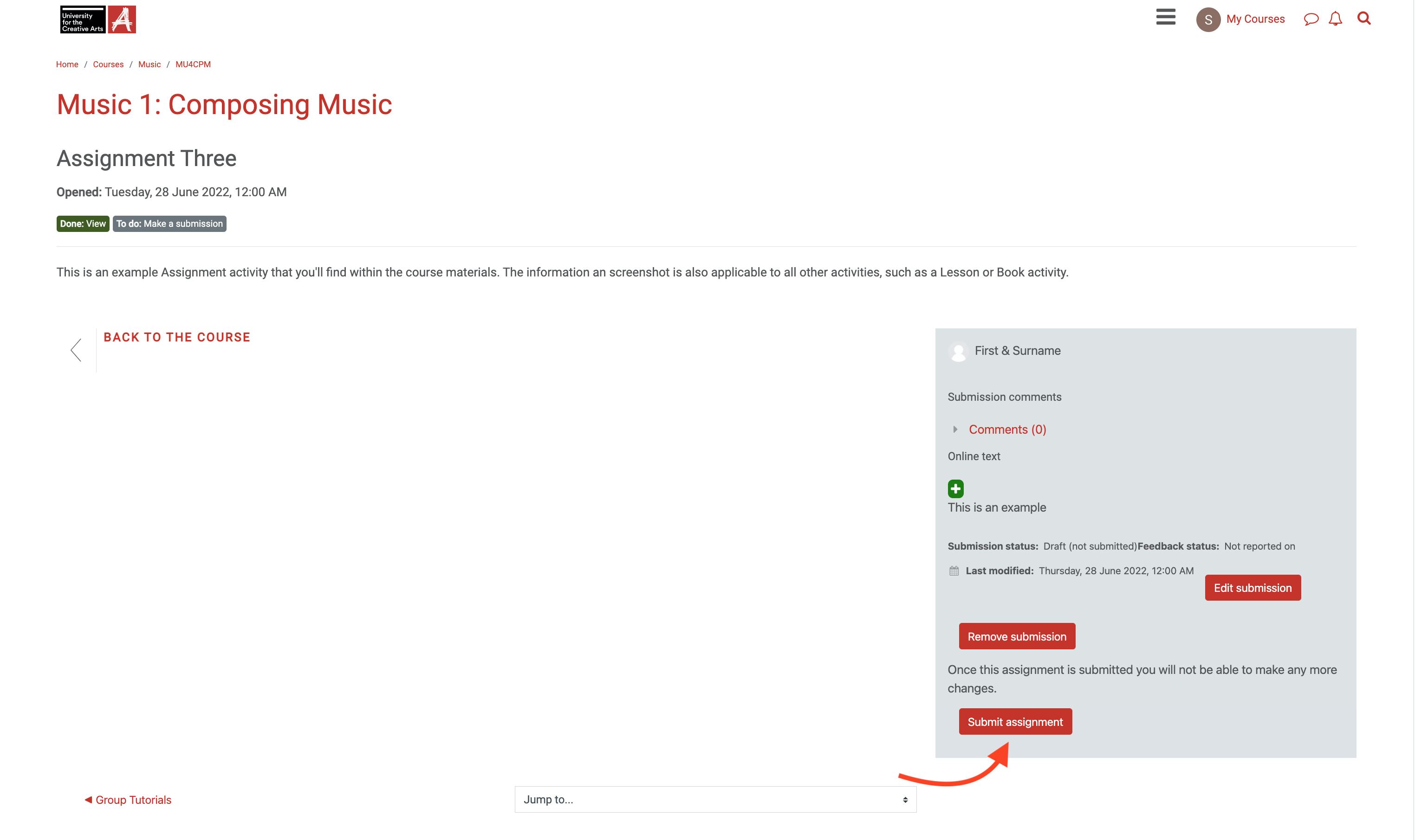 Screenshot demonstrating the 'Submit Assignment' option within the OCA Learn interface.