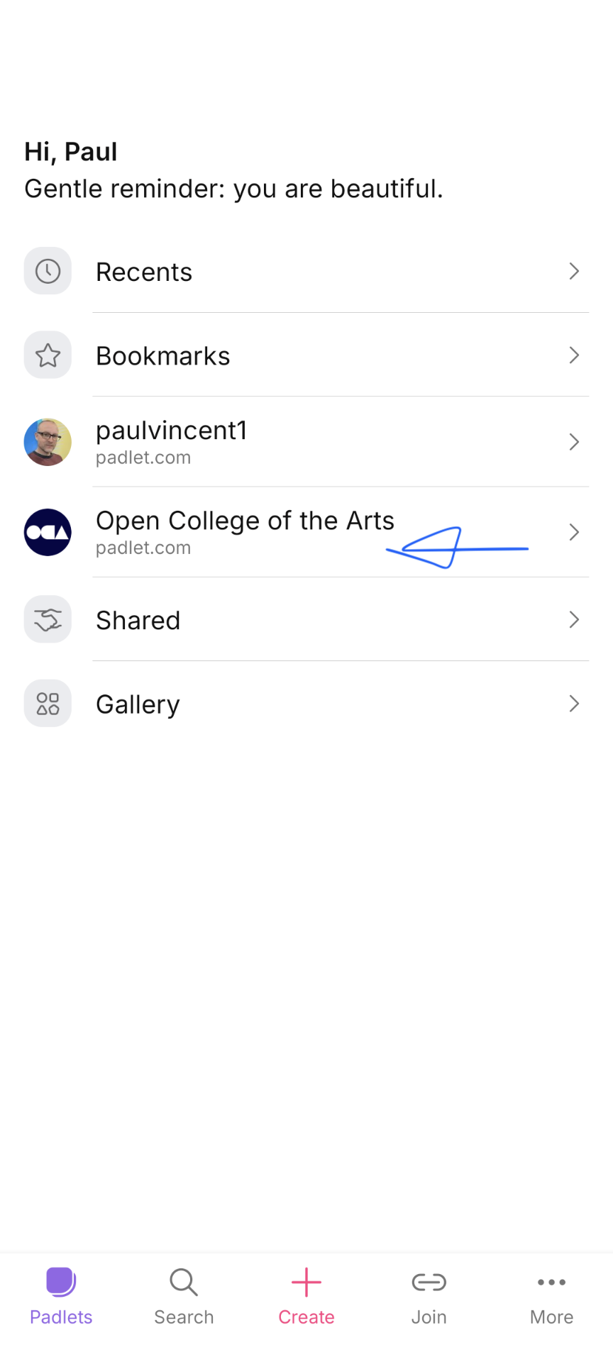The Padlet App Account page, displaying both a public padlet.com account and one for the Open College of the Arts.